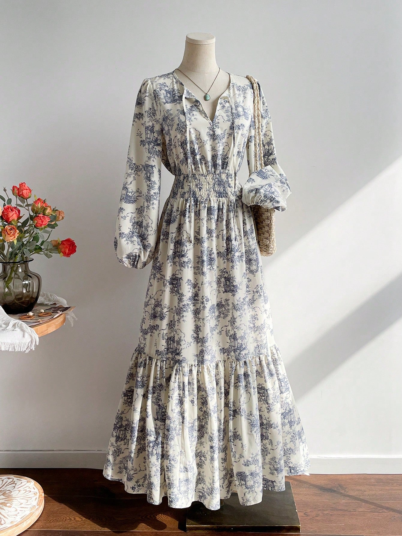 Rusttydustty Vintage Blue Floral Print V-Neck Long Sleeve Maxi Dress, Elegant Pastoral Style Tea Party Dress, Suitable For Autumn