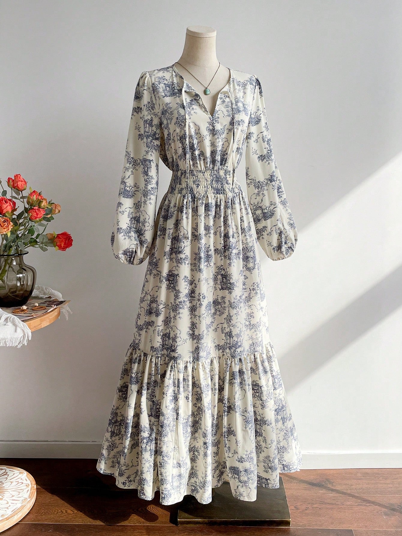 Rusttydustty Vintage Blue Floral Print V-Neck Long Sleeve Maxi Dress, Elegant Pastoral Style Tea Party Dress, Suitable For Autumn