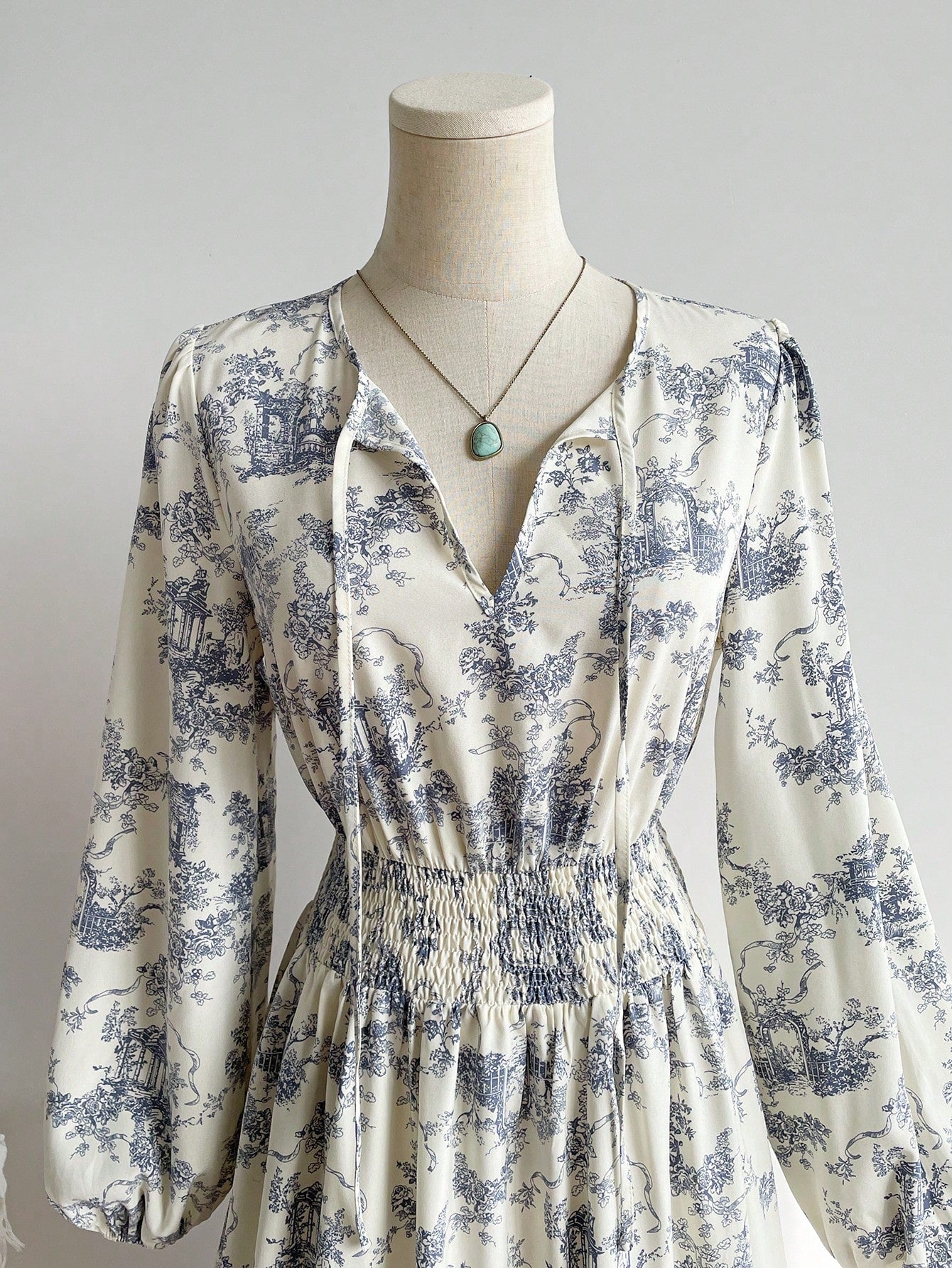 Rusttydustty Vintage Blue Floral Print V-Neck Long Sleeve Maxi Dress, Elegant Pastoral Style Tea Party Dress, Suitable For Autumn