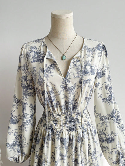 Rusttydustty Vintage Blue Floral Print V-Neck Long Sleeve Maxi Dress, Elegant Pastoral Style Tea Party Dress, Suitable For Autumn