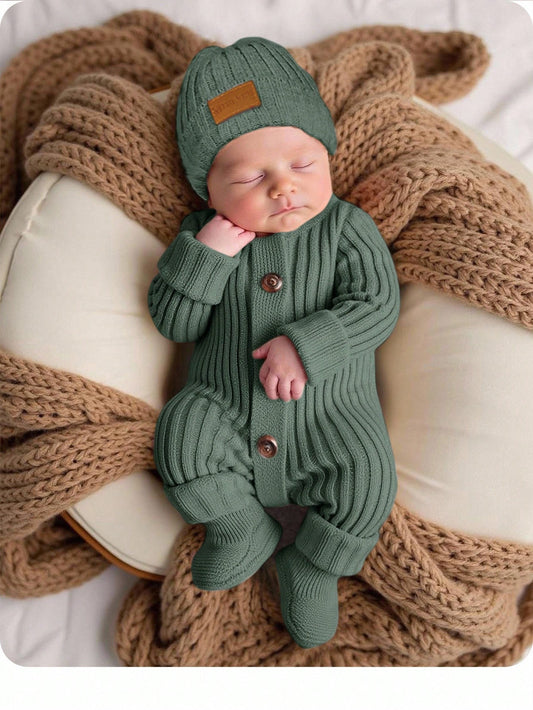 Sage Green Autumn Modest Newborn Baby Girl Boy Knitted Jumpsuit,Footie & Hat Set,Versatile Newborn Knit Outfit Photoshoot Sweater Romper Infant Gown