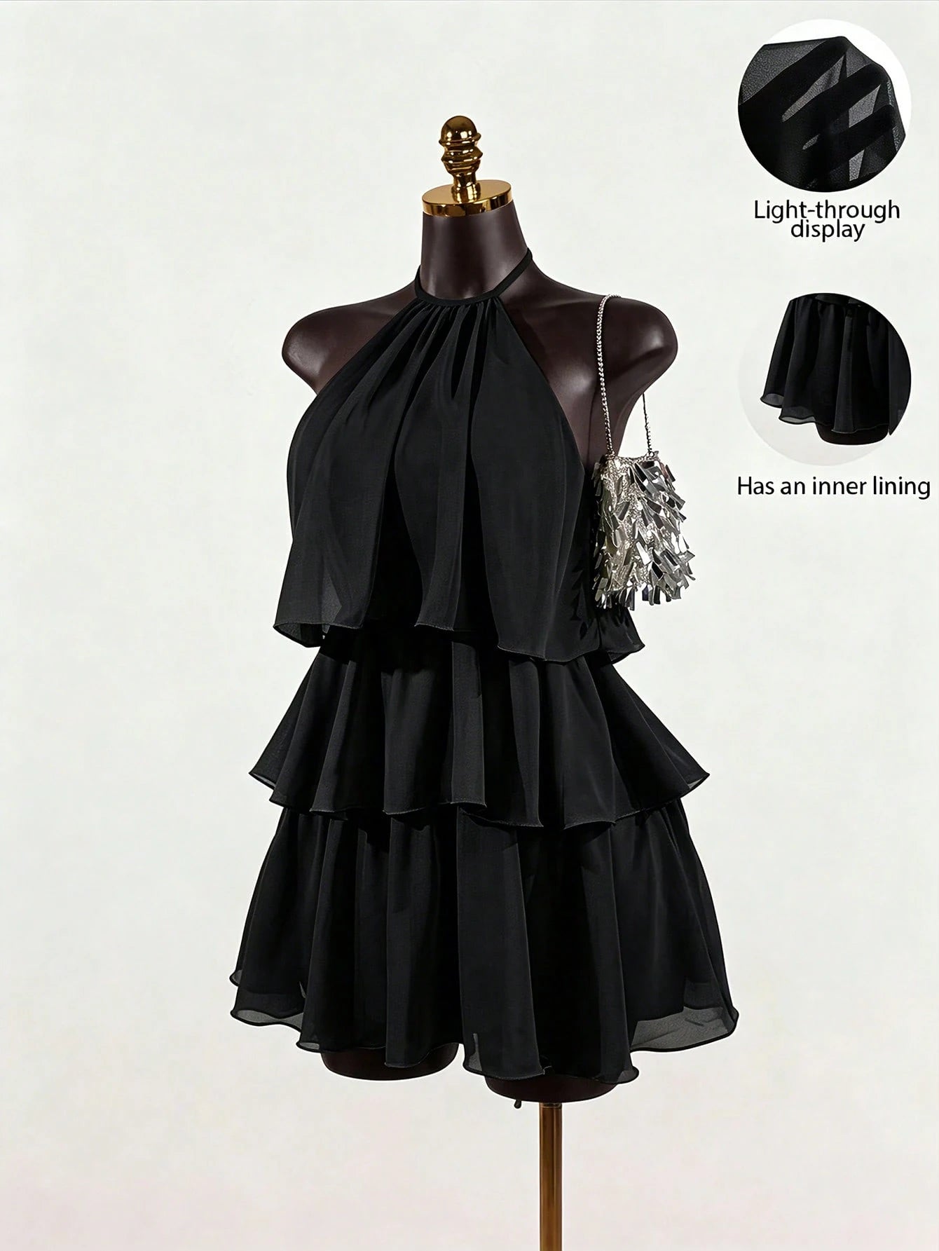 SaltGleam SaltGleam Women's Solid Color French Fashion Multi-Layer Ruffle Hem Halter Neck Tie Strap Dress