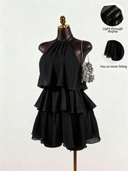 SaltGleam SaltGleam Women's Solid Color French Fashion Multi-Layer Ruffle Hem Halter Neck Tie Strap Dress