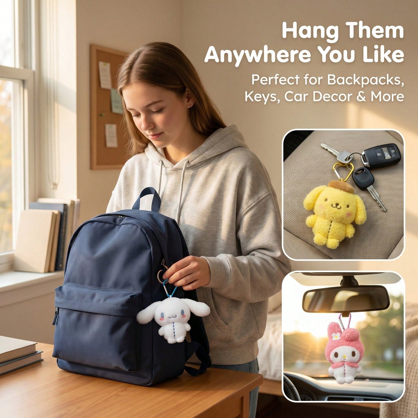 SANRIO Official Cartoon Plush Pendant- 4.3-5.9 Inches/11-15cm Soft Cartoon Plush Doll Keychain, Suitable For Children And Fans, Cute Backpack And School Bag Decoration, Play, Room Decor And Collectio
