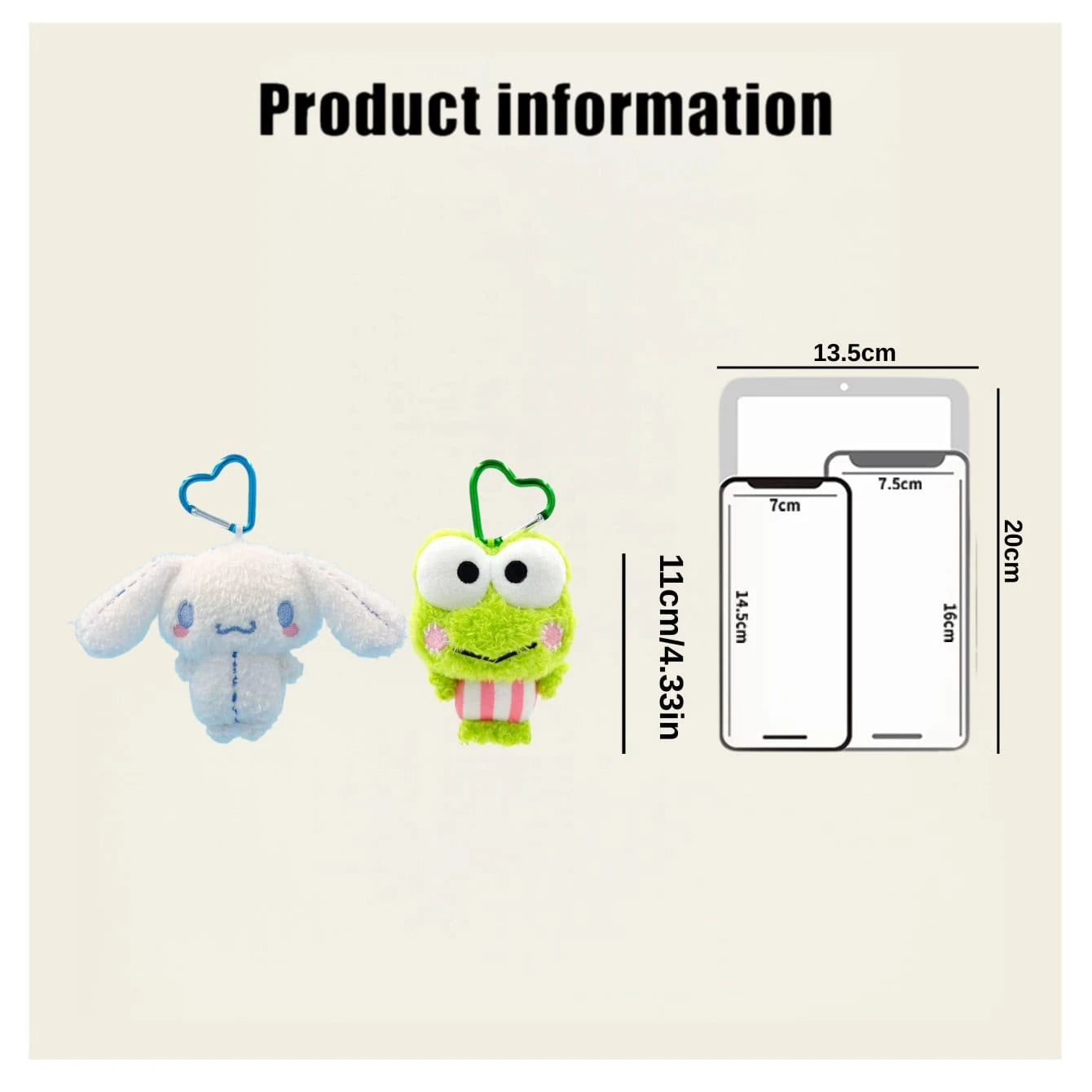 SANRIO Official Cartoon Plush Pendant- 4.3-5.9 Inches/11-15cm Soft Cartoon Plush Doll Keychain, Suitable For Children And Fans, Cute Backpack And School Bag Decoration, Play, Room Decor And Collectio