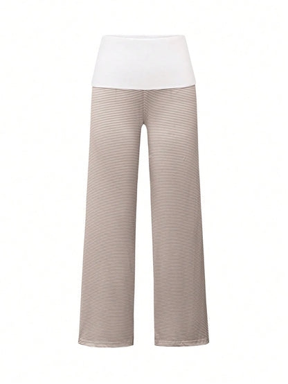 SCARLUX Fall Y2K Women Basic Contrasting Color Striped Wide Leg Pants, Fold Over Waist Loose Trousers For Back To School Daily Casual Street Outfits