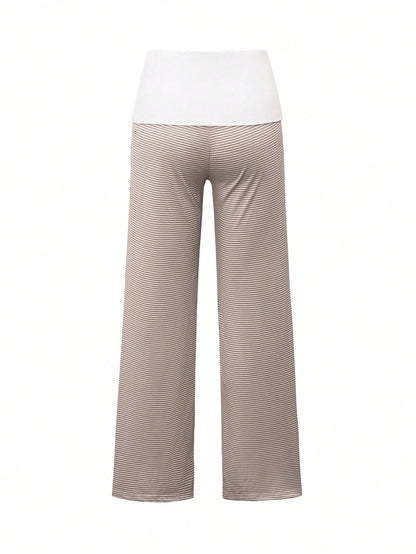 SCARLUX Fall Y2K Women Basic Contrasting Color Striped Wide Leg Pants, Fold Over Waist Loose Trousers For Back To School Daily Casual Street Outfits