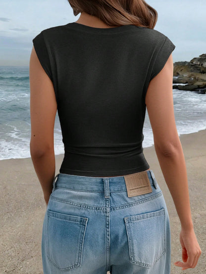 SCARLUX Summer&Fall Y2K Women Black V Neck Top, Cap Sleeve Slim Cropped Top For Back To School Street Wear