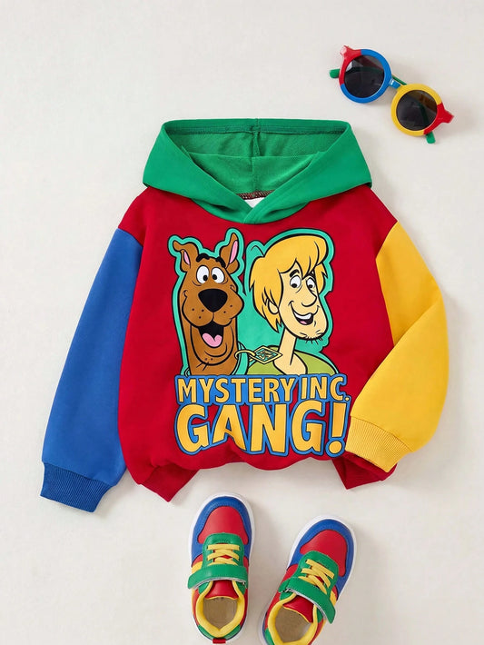 SCOOBY-DOO X Young Boy Sports Casual Cartoon Dog Print Color Block Loose Fit Hooded Sweatshirt, Suitable For Autumn/Winter