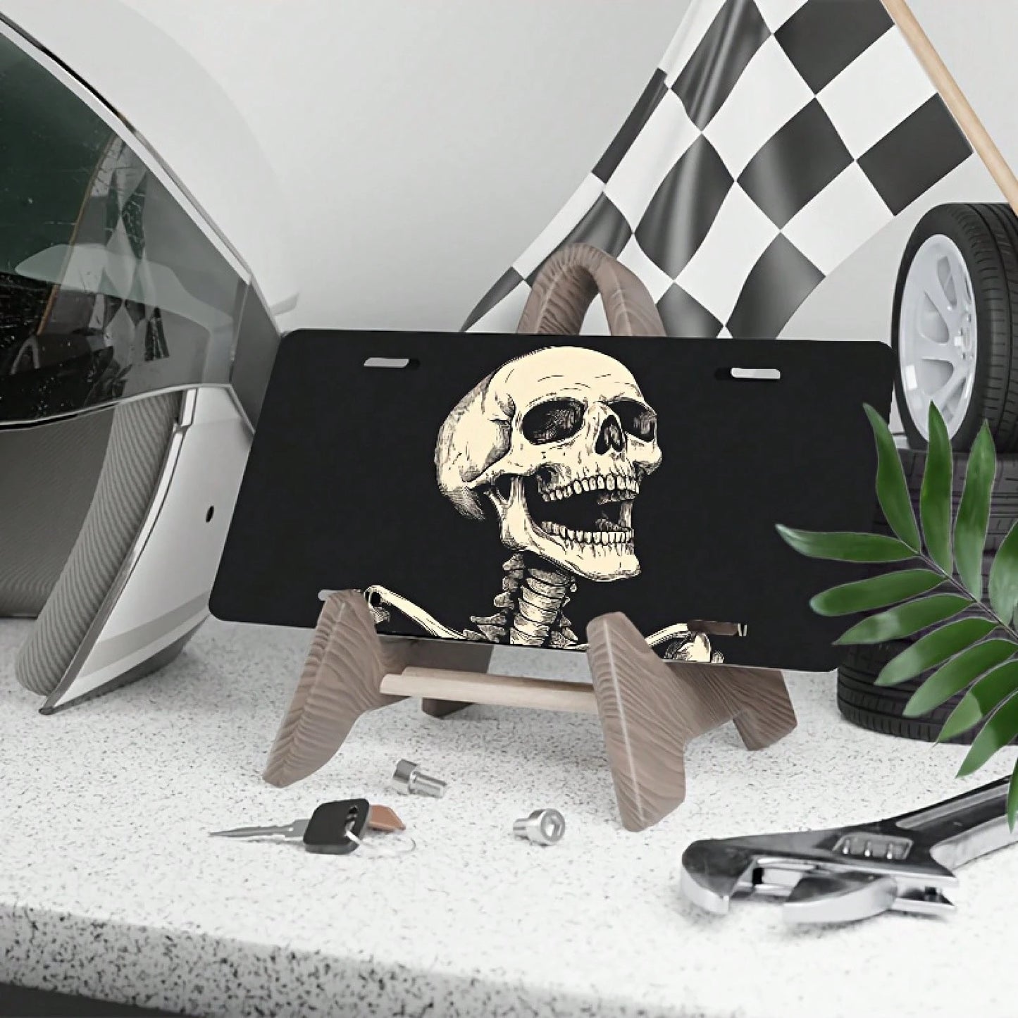 Screaming Skull Aluminum License Plate Cover & Frame- Stylish Black & White Design, Durable Front Car Tag For Men & Women, 12" X 6", Polished Finish, Automotive Exterior Accessory, Novelty License Pl