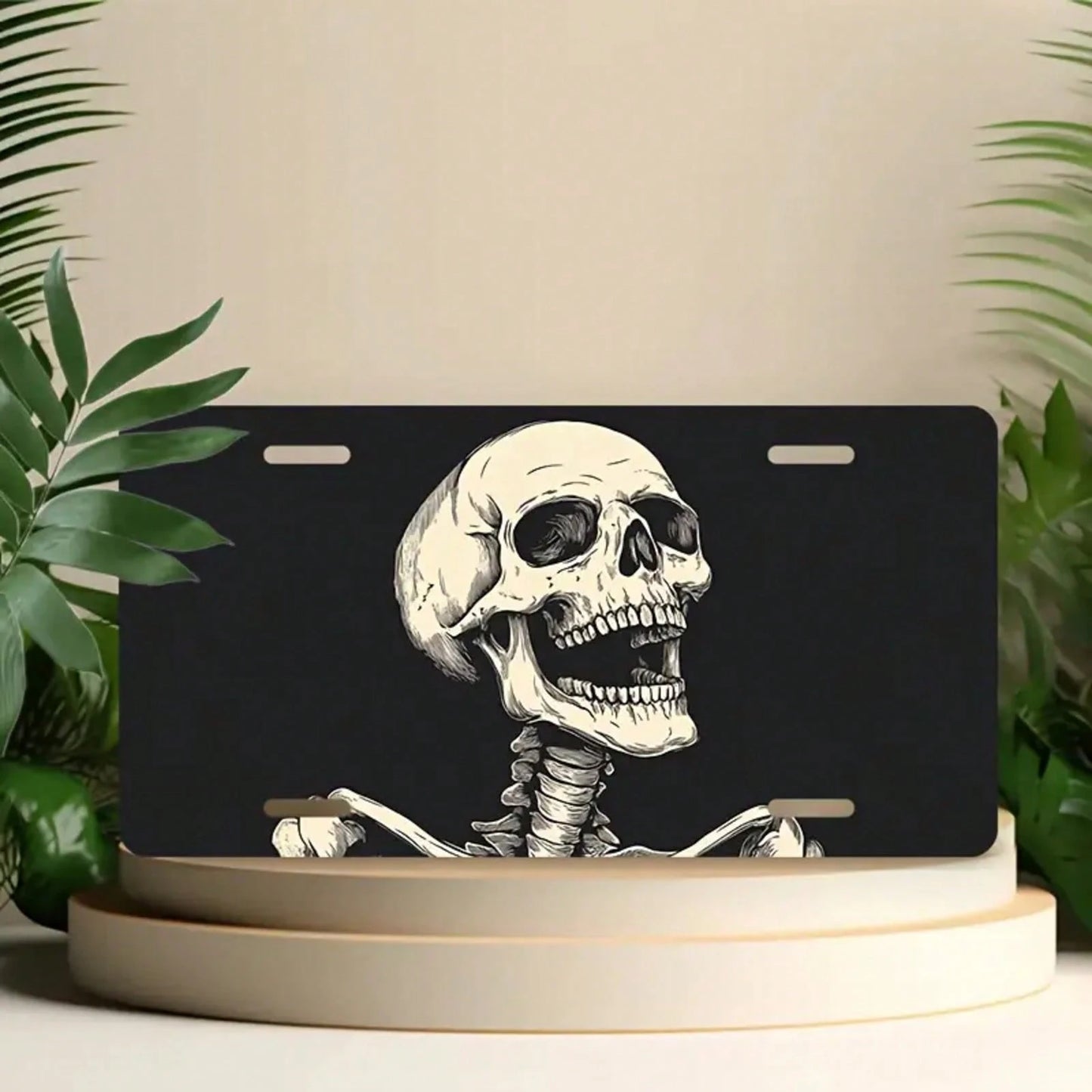 Screaming Skull Aluminum License Plate Cover & Frame- Stylish Black & White Design, Durable Front Car Tag For Men & Women, 12" X 6", Polished Finish, Automotive Exterior Accessory, Novelty License Pl