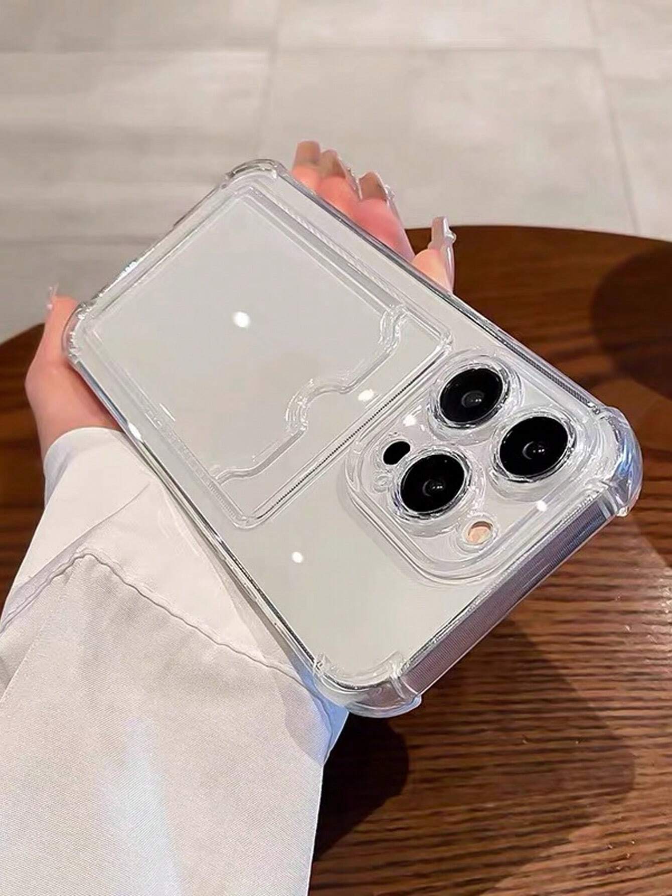 Screen Protection Silicone Wallet Card Slot Silicone Solid Color Material Silicone 1pc Transparent Card Slot Shockproof Stand Phone Case Compatible With IPhone 15 14 13 12 11 Pro Max 14Plus Transparen