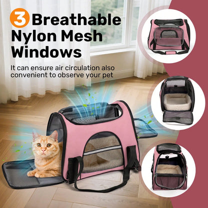 Secure Zipper Anti-Escape Pet Carrier Backpack| Spacious Ventilated Foldable Cat/Dog Travel Bag| Car & Airline Approved Collapsible Cage With Breathable Design