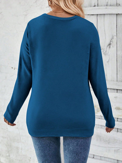 Selamara Fashion Casual Basic Round Neck Button Vintage Blue Hem Gathered Stud Design Plus Size T-Shirt Fall