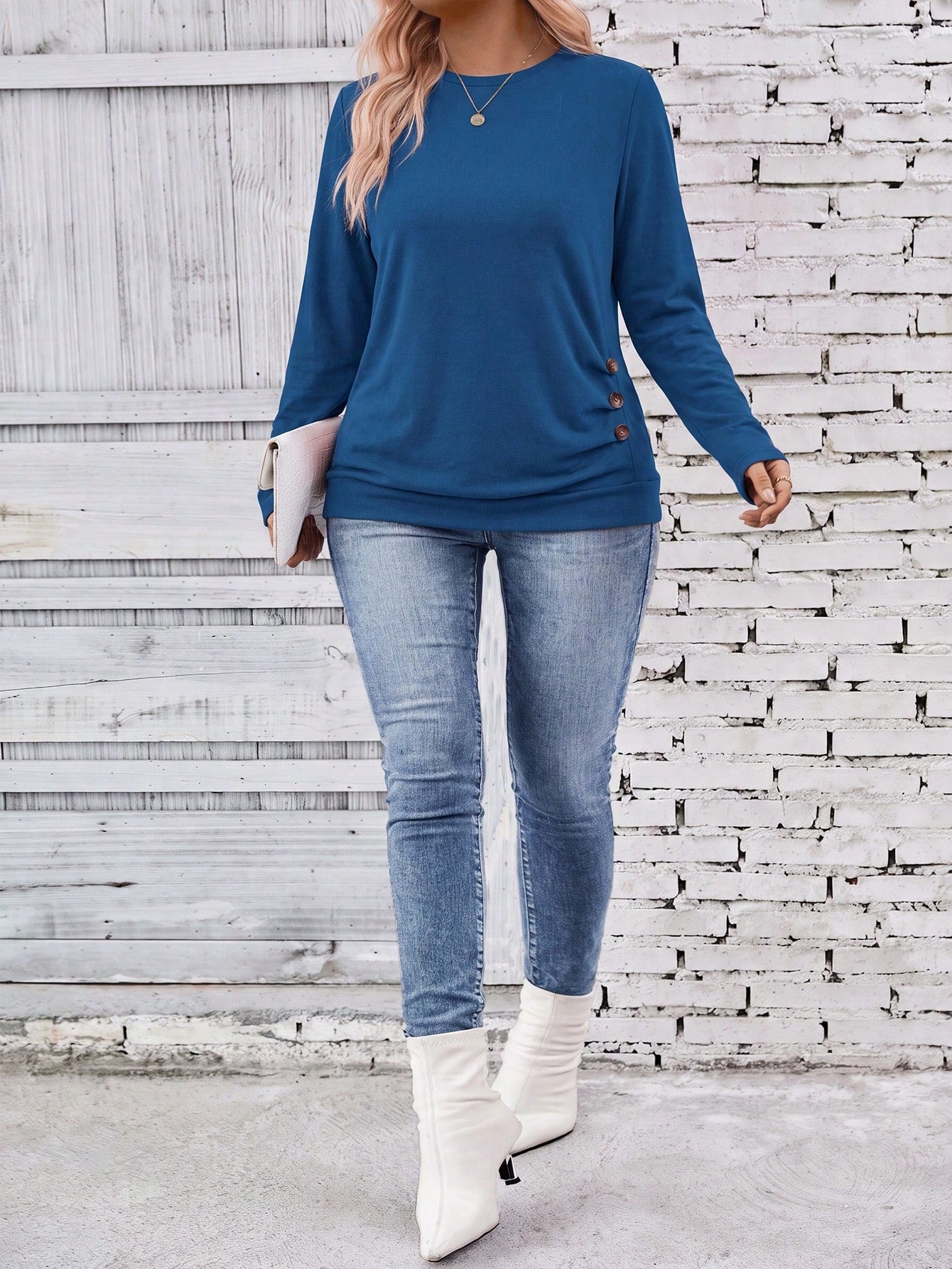 Selamara Fashion Casual Basic Round Neck Button Vintage Blue Hem Gathered Stud Design Plus Size T-Shirt Fall