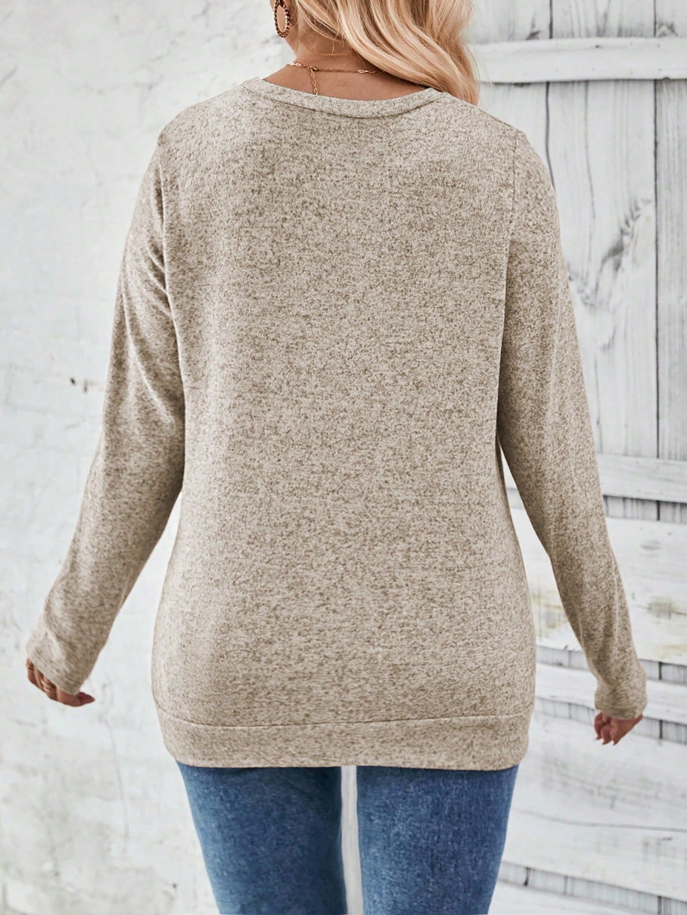Selamara Fashion Casual Basic Round Neck Button Vintage Blue Hem Gathered Stud Design Plus Size T-Shirt Fall