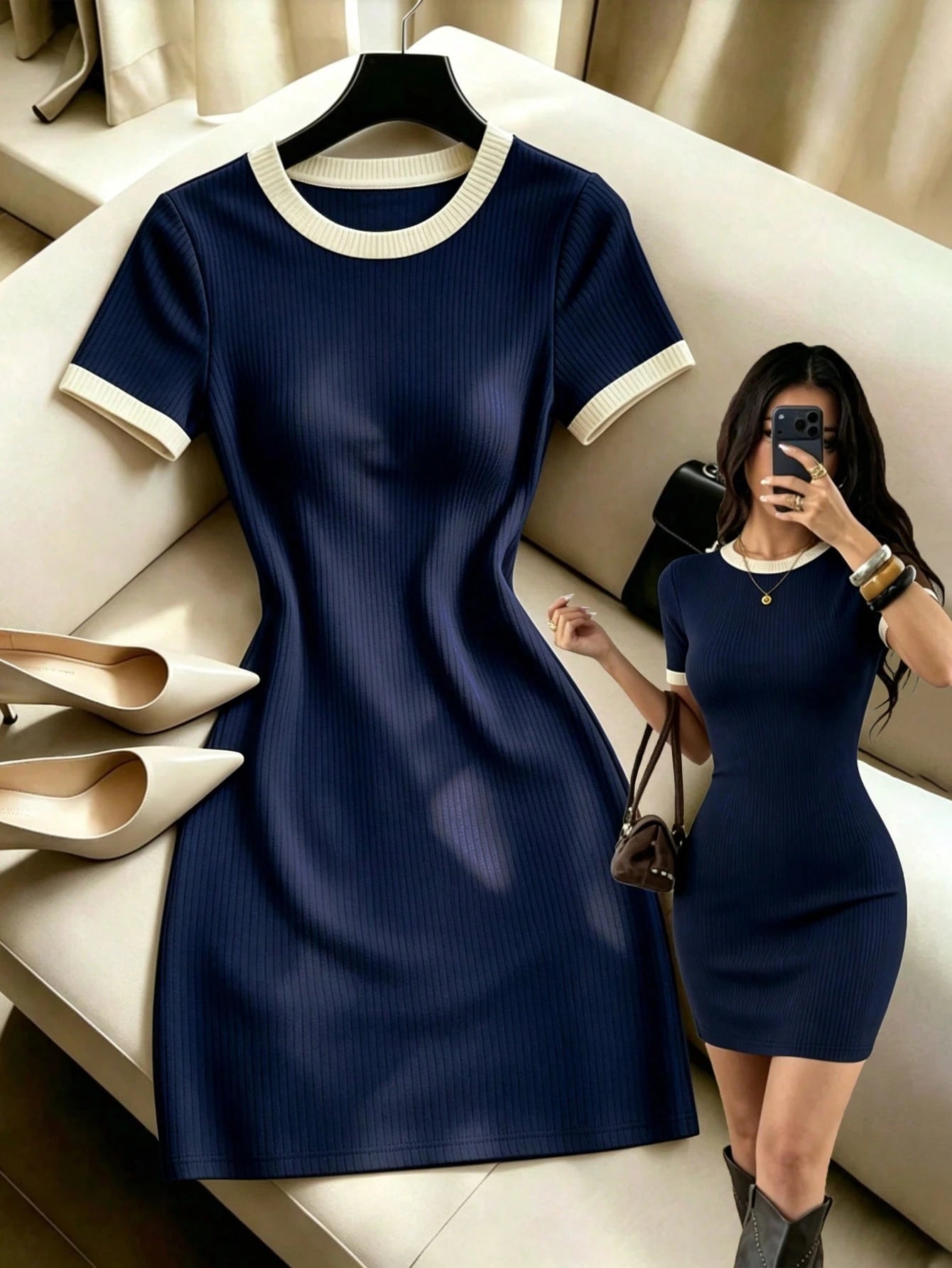 Selianne Gentle Elegant Brown Color Block Round Neck Short Sleeve Knit Bodycon Slimming Ribbed Mini Dress, Simple Versatile Commuter Hot Girl Style Dress