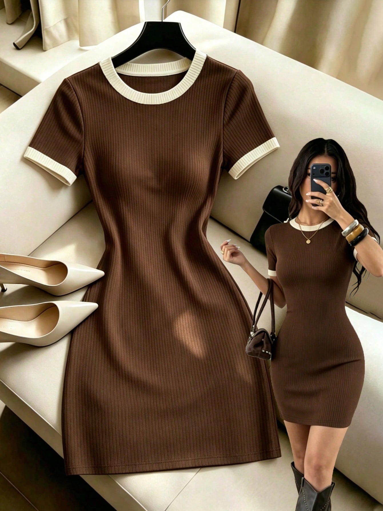 Selianne Gentle Elegant Brown Color Block Round Neck Short Sleeve Knit Bodycon Slimming Ribbed Mini Dress, Simple Versatile Commuter Hot Girl Style Dress