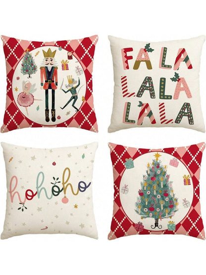 Set Of 4 Christmas Nutcrackers, Christmas Tree Plaid Pattern Printed Pillow Covers Without Filling