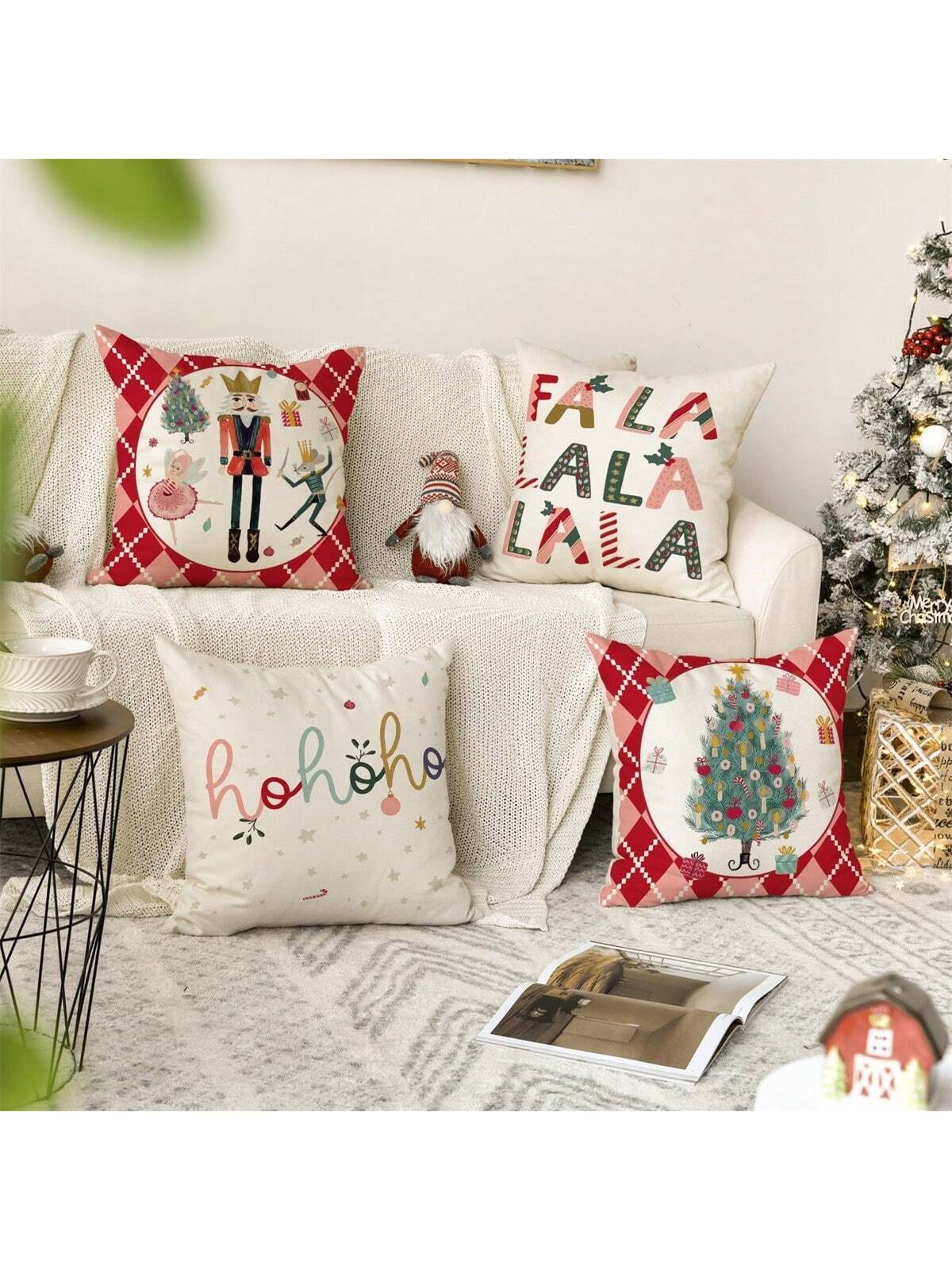 Set Of 4 Christmas Nutcrackers, Christmas Tree Plaid Pattern Printed Pillow Covers Without Filling