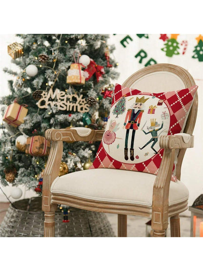 Set Of 4 Christmas Nutcrackers, Christmas Tree Plaid Pattern Printed Pillow Covers Without Filling