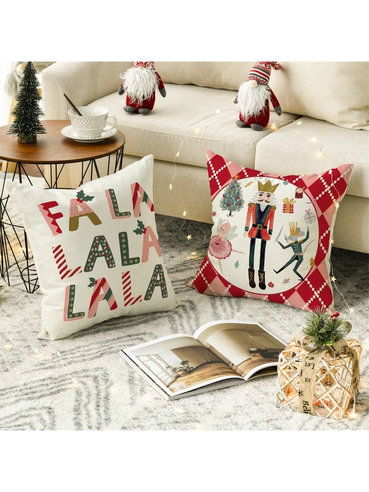 Set Of 4 Christmas Nutcrackers, Christmas Tree Plaid Pattern Printed Pillow Covers Without Filling