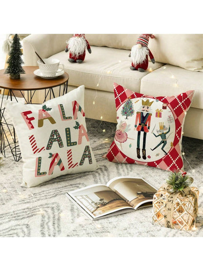 Set Of 4 Christmas Nutcrackers, Christmas Tree Plaid Pattern Printed Pillow Covers Without Filling