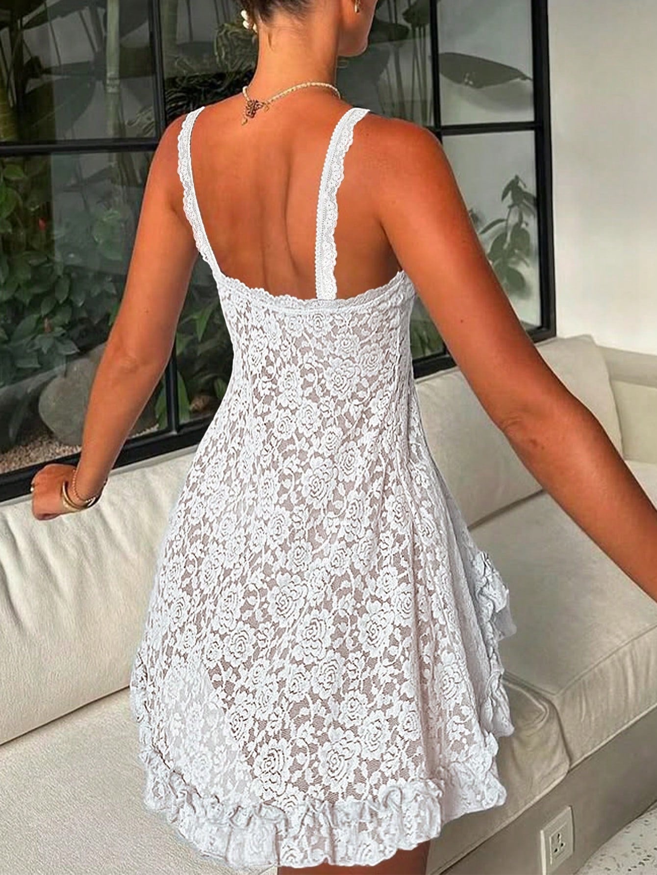 Sexy Asymmetrical Hemline Lace Slip Dress, Spring/Summer Party White Elegant