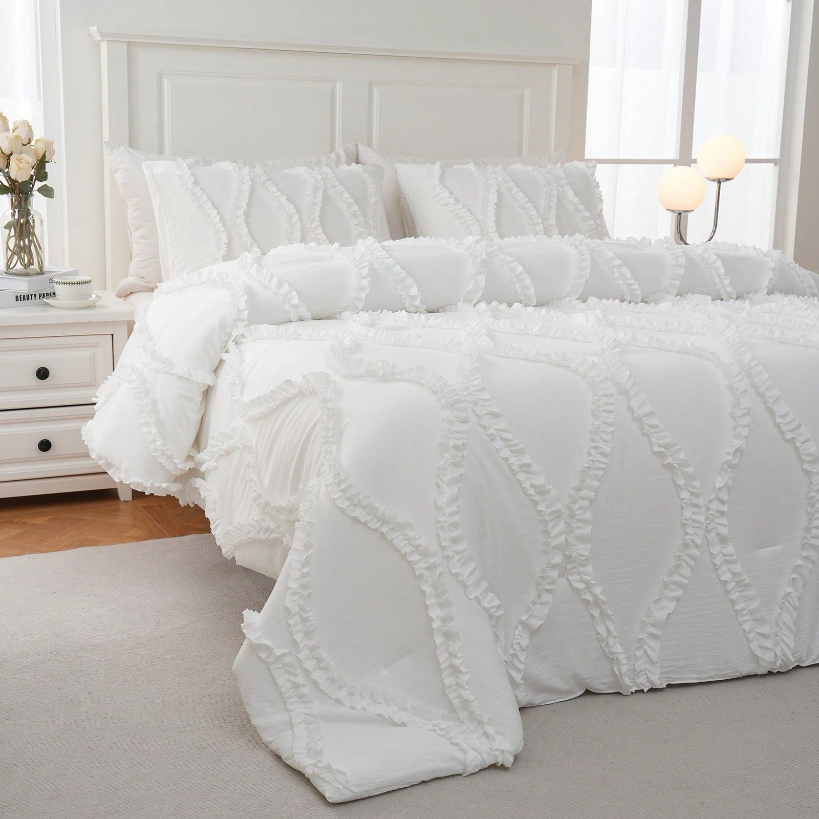Shabby Chic Bedding Comforter Set Queen/King Size,White Comforter King Bed Set 3 Pcs,Vintage Boho Farmhouse Bedding Set,Ruffle Comforter Aesthetic Bedding Set For Women Adults Soft Lightweight Comfor