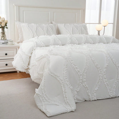 Shabby Chic Bedding Comforter Set Queen/King Size,White Comforter King Bed Set 3 Pcs,Vintage Boho Farmhouse Bedding Set,Ruffle Comforter Aesthetic Bedding Set For Women Adults Soft Lightweight Comfor