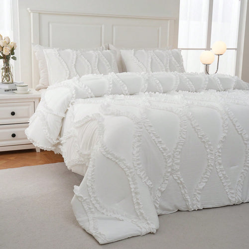 Shabby Chic Bedding Comforter Set Queen/King Size,White Comforter King Bed Set 3 Pcs,Vintage Boho Farmhouse Bedding Set,Ruffle Comforter Aesthetic Bedding Set For Women Adults Soft Lightweight Comfor