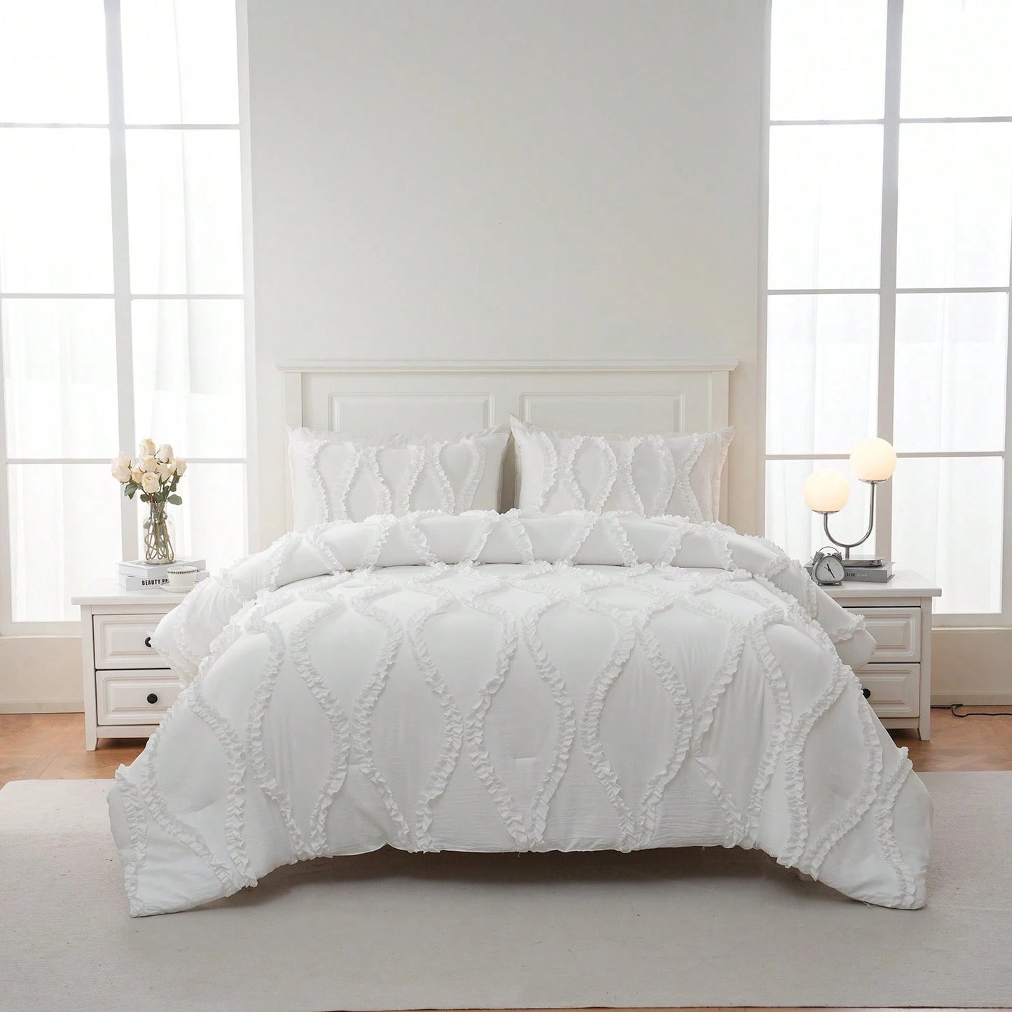 Shabby Chic Bedding Comforter Set Queen/King Size,White Comforter King Bed Set 3 Pcs,Vintage Boho Farmhouse Bedding Set,Ruffle Comforter Aesthetic Bedding Set For Women Adults Soft Lightweight Comfor