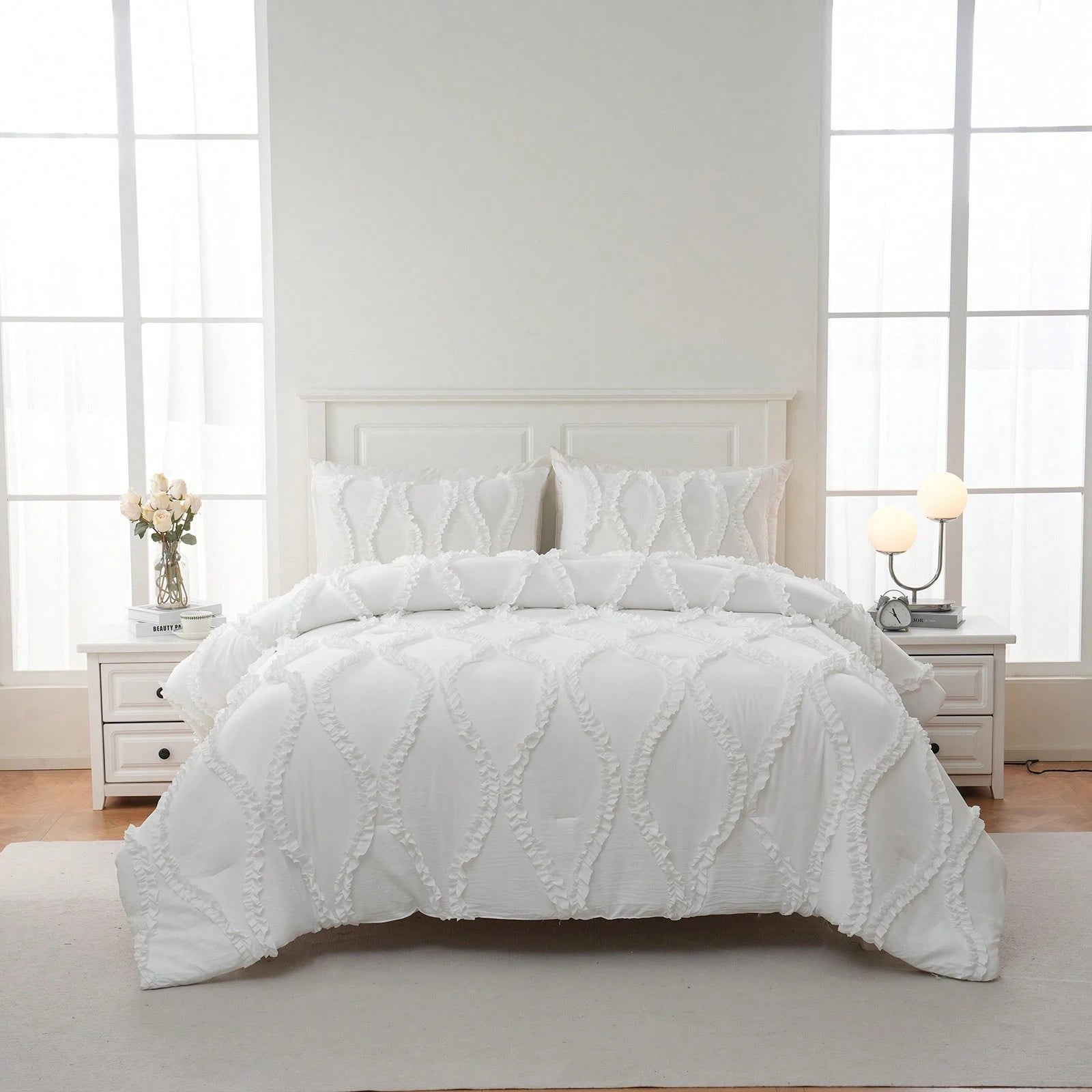 Shabby Chic Bedding Comforter Set Queen/King Size,White Comforter King Bed Set 3 Pcs,Vintage Boho Farmhouse Bedding Set,Ruffle Comforter Aesthetic Bedding Set For Women Adults Soft Lightweight Comfor