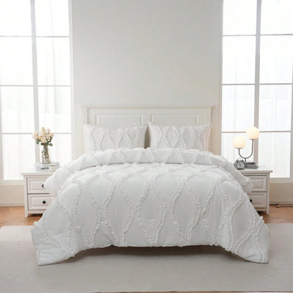 Shabby Chic Bedding Comforter Set Queen/King Size,White Comforter King Bed Set 3 Pcs,Vintage Boho Farmhouse Bedding Set,Ruffle Comforter Aesthetic Bedding Set For Women Adults Soft Lightweight Comfor