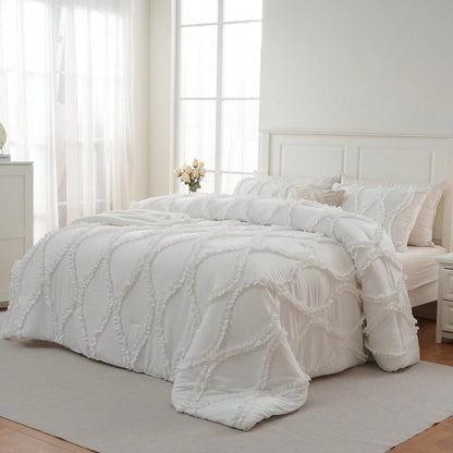 Shabby Chic Bedding Comforter Set Queen/King Size,White Comforter King Bed Set 3 Pcs,Vintage Boho Farmhouse Bedding Set,Ruffle Comforter Aesthetic Bedding Set For Women Adults Soft Lightweight Comfor
