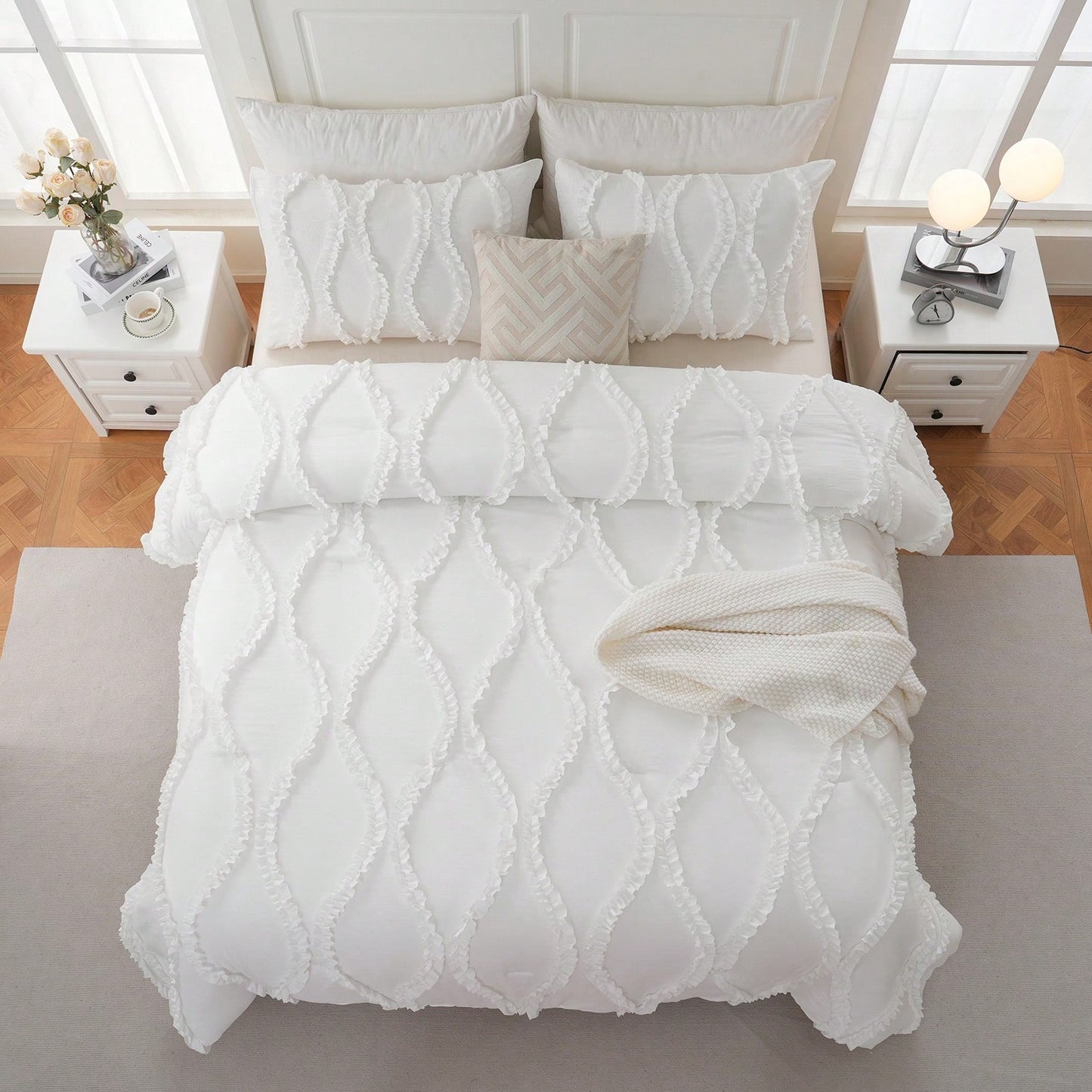 Shabby Chic Bedding Comforter Set Queen/King Size,White Comforter King Bed Set 3 Pcs,Vintage Boho Farmhouse Bedding Set,Ruffle Comforter Aesthetic Bedding Set For Women Adults Soft Lightweight Comfor