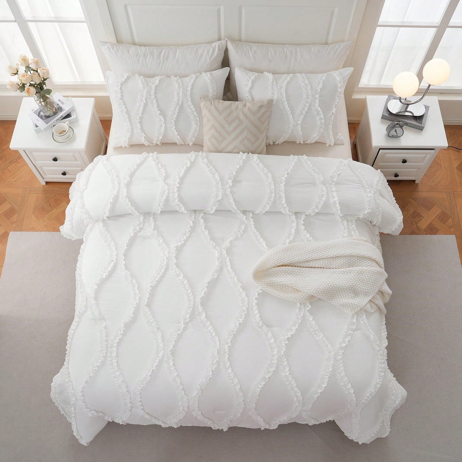 Shabby Chic Bedding Comforter Set Queen/King Size,White Comforter King Bed Set 3 Pcs,Vintage Boho Farmhouse Bedding Set,Ruffle Comforter Aesthetic Bedding Set For Women Adults Soft Lightweight Comfor