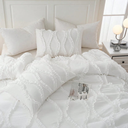 Shabby Chic Bedding Comforter Set Queen/King Size,White Comforter King Bed Set 3 Pcs,Vintage Boho Farmhouse Bedding Set,Ruffle Comforter Aesthetic Bedding Set For Women Adults Soft Lightweight Comfor