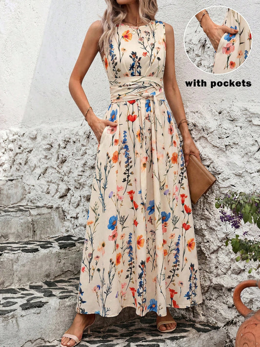 SHEIN Clasi Vintage Casual Tropical Ditsy Floral Maxi Dress With Wide Waistband, Suitable For Summer Vacation Beige