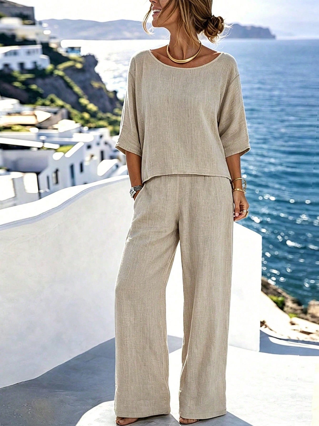 SHEIN Holidaya Women's Casual Set, Pants Set, Short Top, Short Sleeve Round Neck Solid Color, Fashion Street Style, Casual Daily Outdoor,, Summer, Regular Fit, Suita
