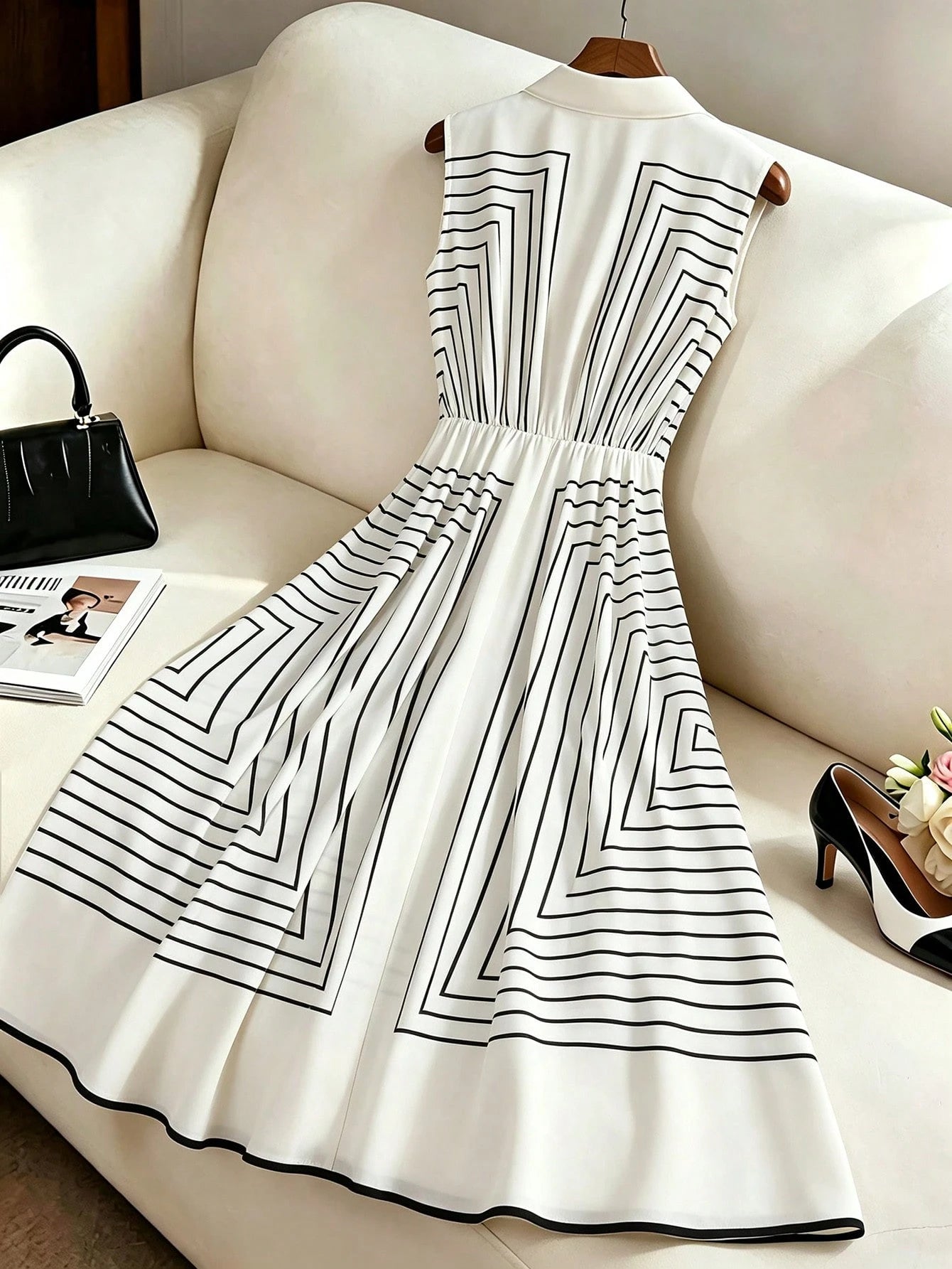 SHEIN LUNE Women's Apricot Geometric Striped Sleeveless Shirt Dress, Belted Waist A-Line Midi Dress, Elegant Casual Dress For Work, Vacation & Party