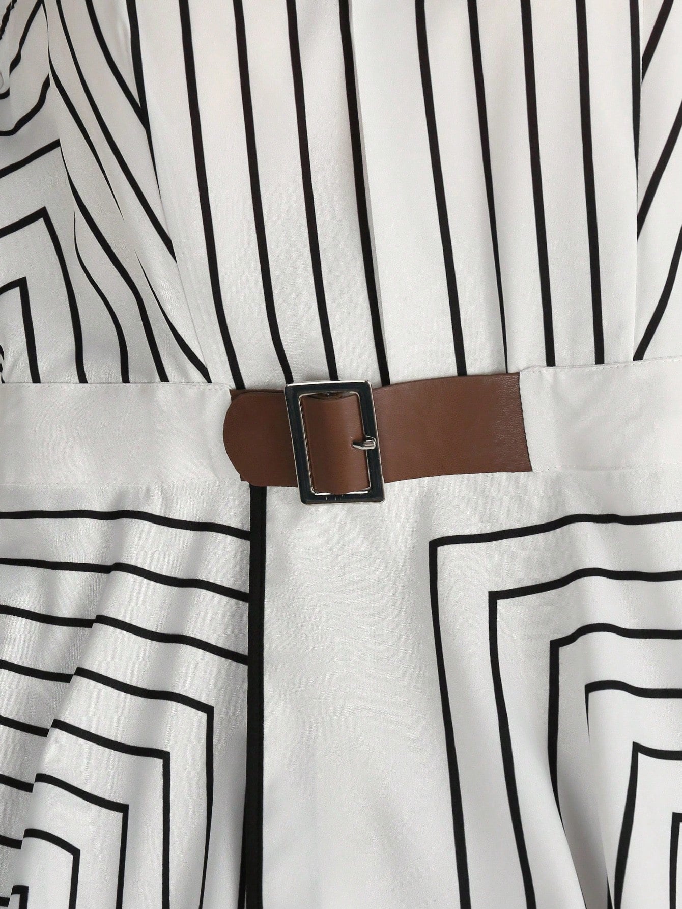 SHEIN LUNE Women's Apricot Geometric Striped Sleeveless Shirt Dress, Belted Waist A-Line Midi Dress, Elegant Casual Dress For Work, Vacation & Party