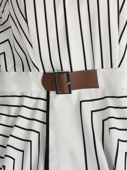 SHEIN LUNE Women's Apricot Geometric Striped Sleeveless Shirt Dress, Belted Waist A-Line Midi Dress, Elegant Casual Dress For Work, Vacation & Party