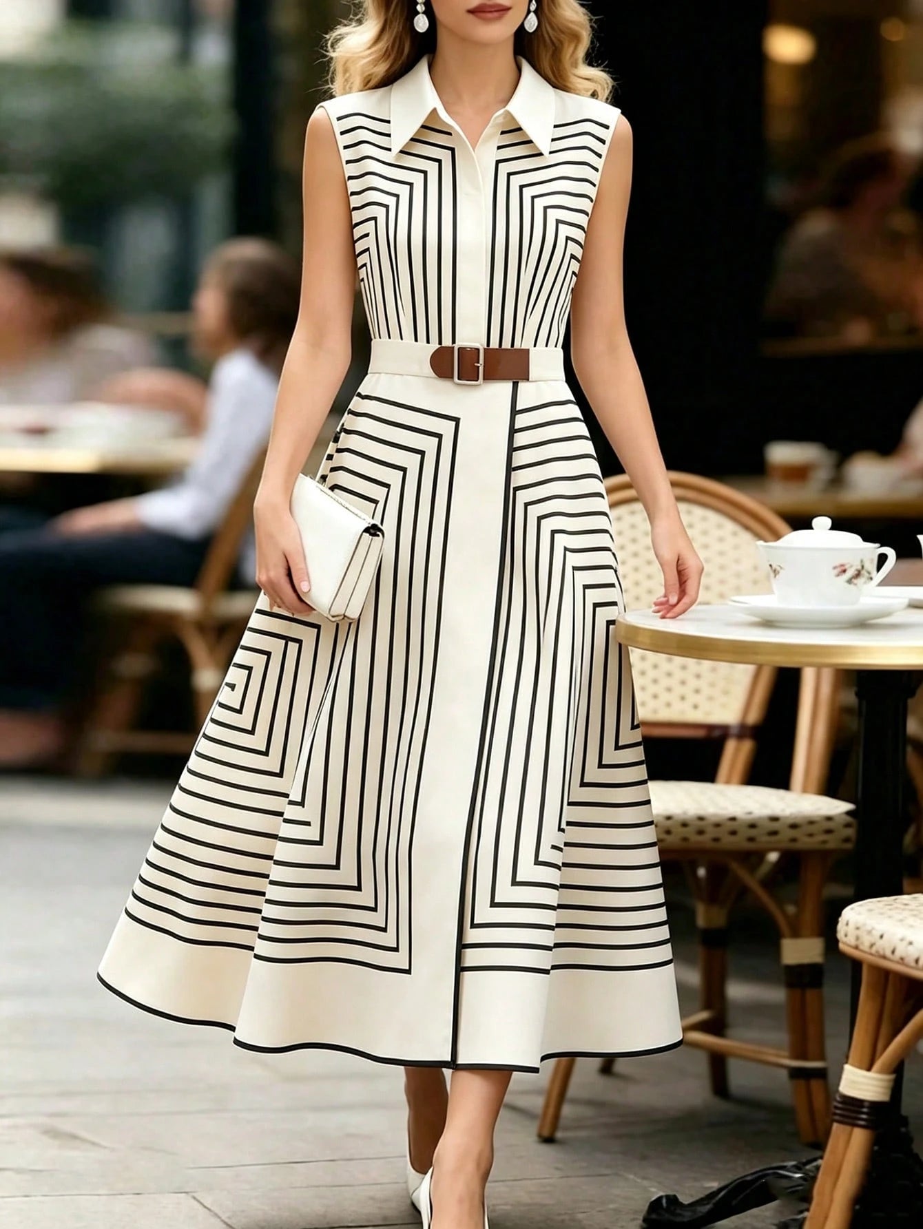 SHEIN LUNE Women's Apricot Geometric Striped Sleeveless Shirt Dress, Belted Waist A-Line Midi Dress, Elegant Casual Dress For Work, Vacation & Party