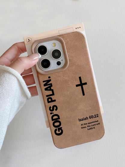 Shockproof Brown Suede Slogan Christian Faith Aesthetic Phone Case With "God's Plan" And Cross Bible Verse Compatible With IPhone 17 Pro, 13, 15, 16, 14, 17 Pro Max Easter Gift