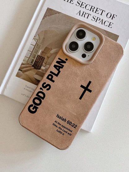 Shockproof Brown Suede Slogan Christian Faith Aesthetic Phone Case With "God's Plan" And Cross Bible Verse Compatible With IPhone 17 Pro, 13, 15, 16, 14, 17 Pro Max Easter Gift