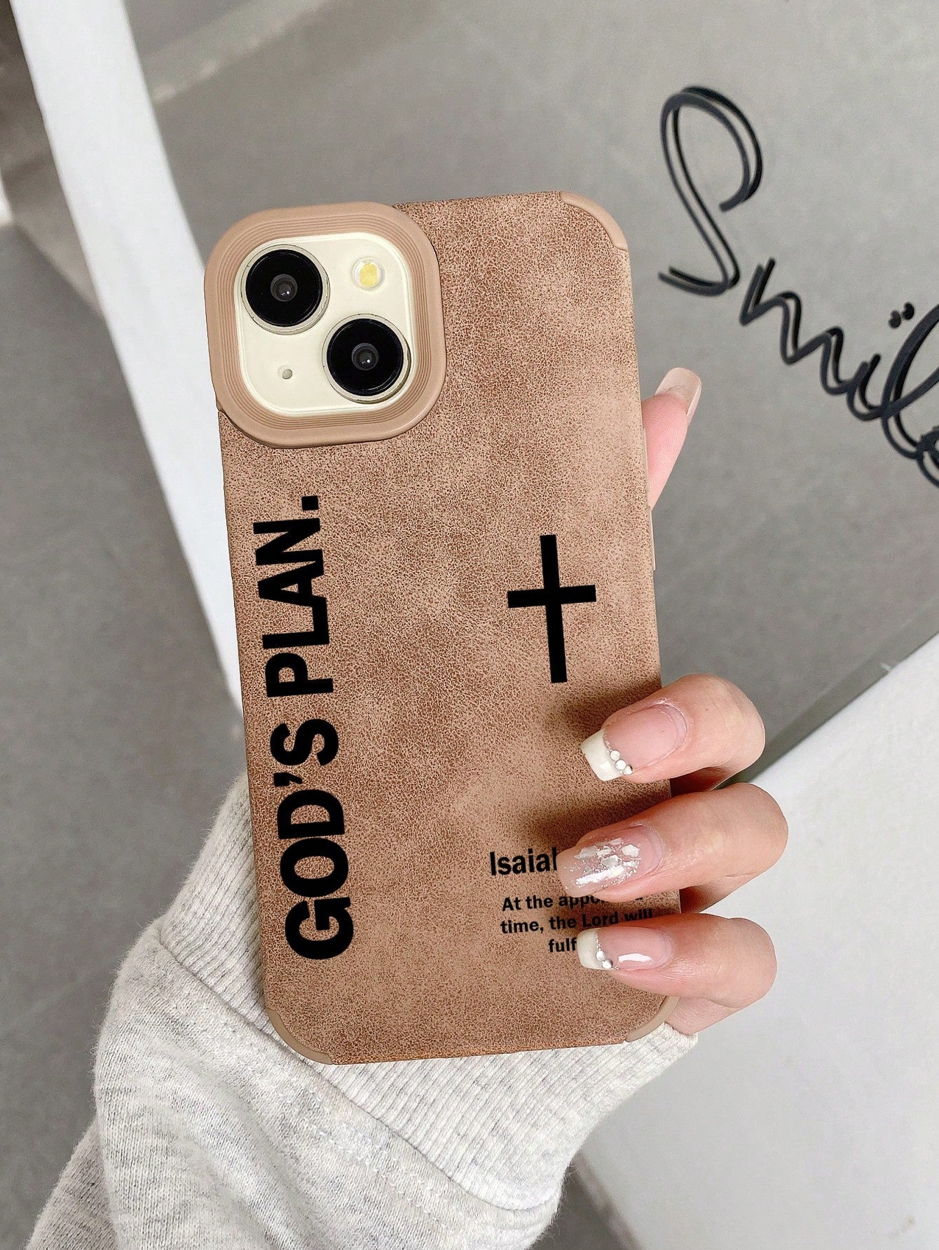 Shockproof Brown Suede Slogan Christian Faith Aesthetic Phone Case With "God's Plan" And Cross Bible Verse Compatible With IPhone 17 Pro, 13, 15, 16, 14, 17 Pro Max Easter Gift