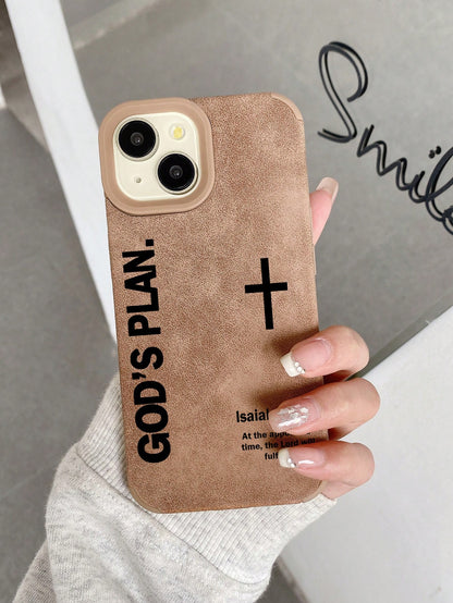 Shockproof Brown Suede Slogan Christian Faith Aesthetic Phone Case With "God's Plan" And Cross Bible Verse Compatible With IPhone 17 Pro, 13, 15, 16, 14, 17 Pro Max Easter Gift