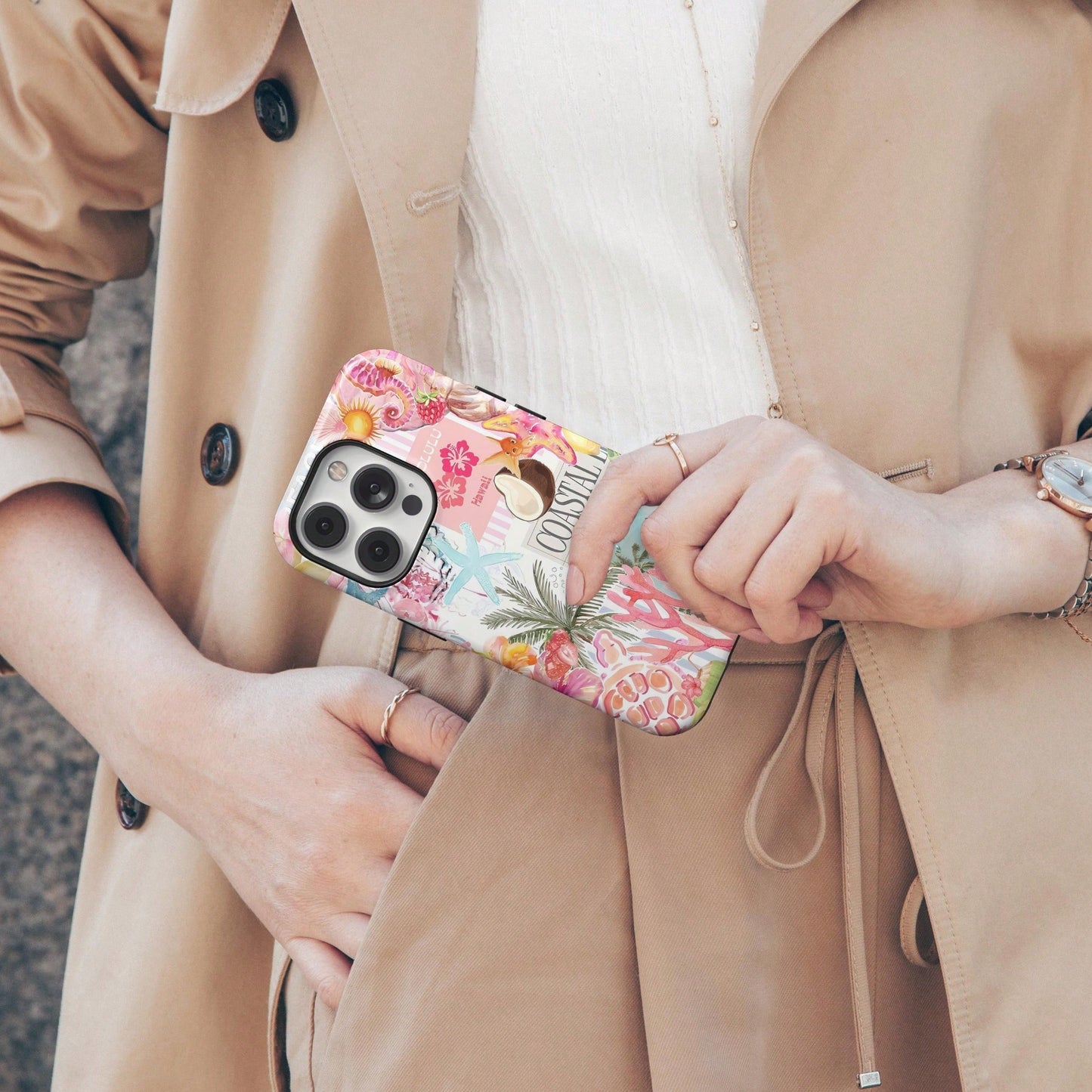 Shockproof Fashion Beach Elements Beach Collage Pattern Phone Case Summer Coconut & Hibiscus Style Compatible With Iphone 17 16 15 14 13 Pro Max Plus 12 11 Spring