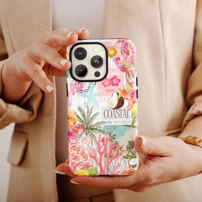 Shockproof Fashion Beach Elements Beach Collage Pattern Phone Case Summer Coconut & Hibiscus Style Compatible With Iphone 17 16 15 14 13 Pro Max Plus 12 11 Spring
